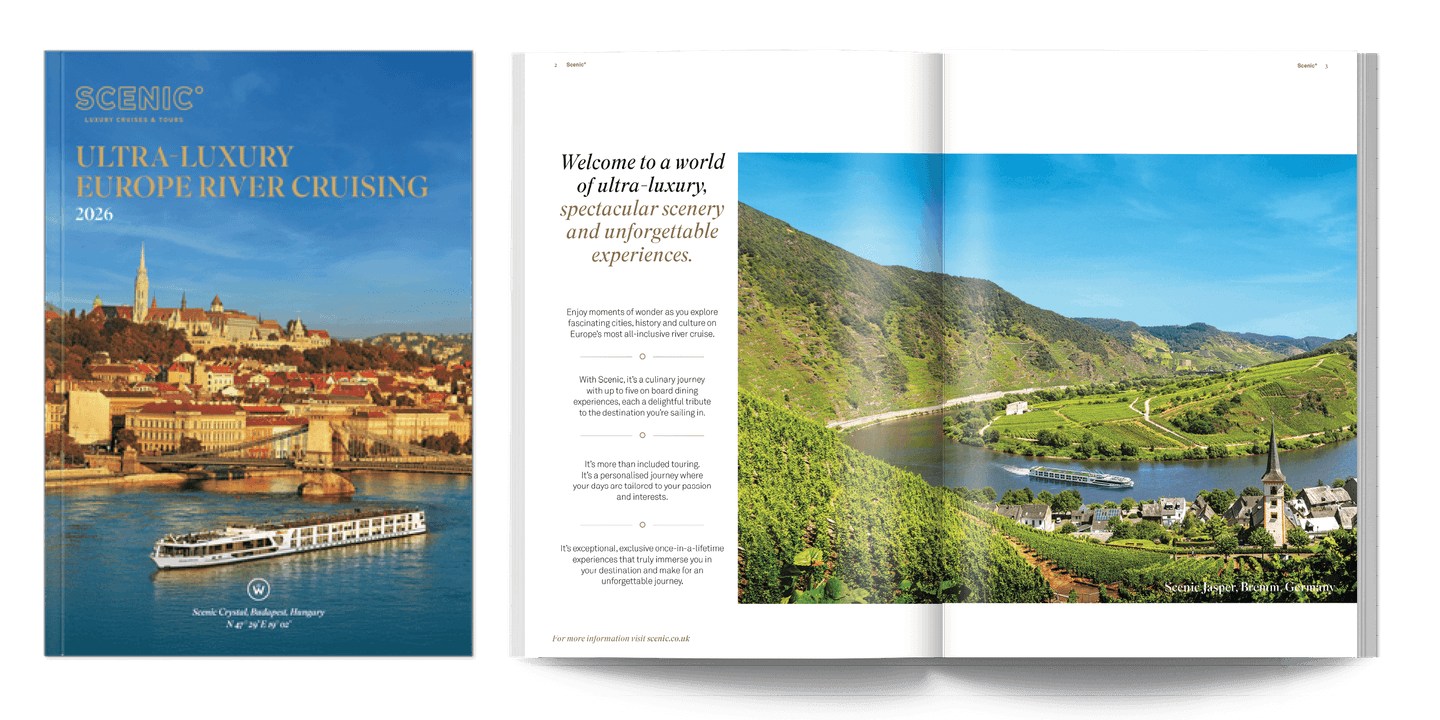 Scenic European River Cruising 2026 brochure featuring an open page spread.