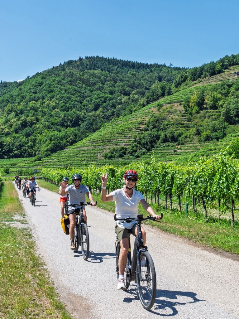 Couple on E-Bikes in Durnstien, Austria